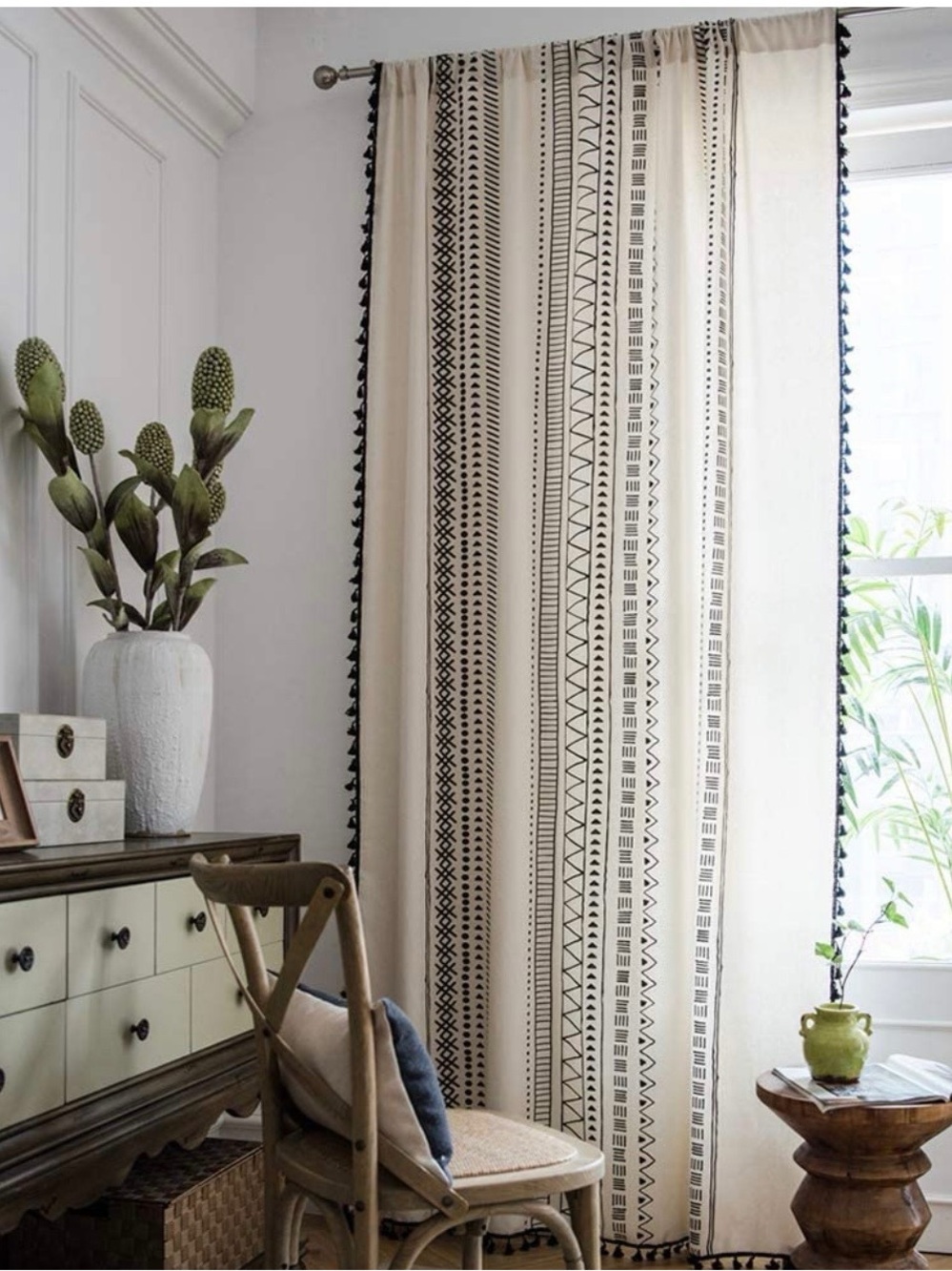 Beige/Black Geometric, Semi-Blackout Bohemian Style, Cotton Linen Curtain Panels